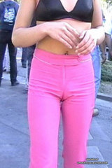 Skinny babe's pink pants and camel toe